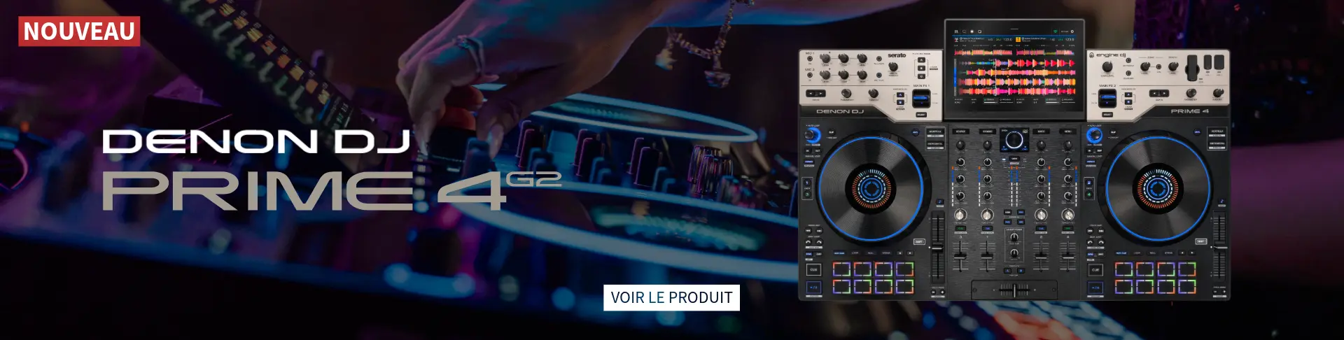Contrôleur Denon DJ Prime 4 G2 disponible à la vente - Dimension'Sono Bannière Dimension'Sono du contrôleur DJ Denon DJ Prime 4 G2 neuf, platines bleues rétroéclairées et main de DJ en action, disponible à la vente