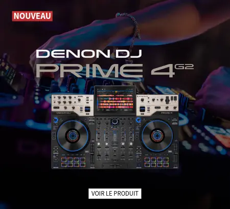 Contrôleur Denon DJ Prime 4 G2 disponible à la vente - Dimension'Sono Bannière Dimension'Sono du contrôleur DJ Denon DJ Prime 4 G2 neuf, platines bleues rétroéclairées et main de DJ en action, disponible à la vente