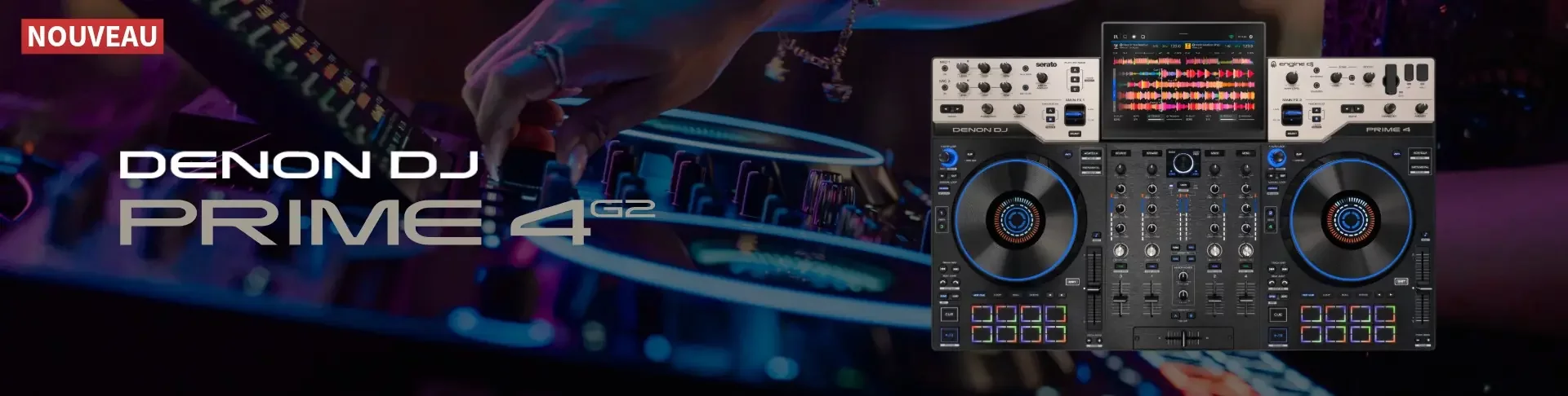 Nouveau contrôleur DJ autonome Denon DJ Prime 4 G2 avec écran tactile, sur fond de DJ en mix ambiance violette, en vente chez Dimension'Sono